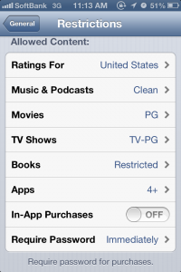 Sample settings for content restrictions.