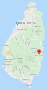 map of St. Lucia showing Mon Repos with a pin